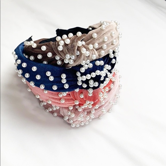 2/$25 Velvet Pearl Knotted Headband - Navy - Picture 3 of 5